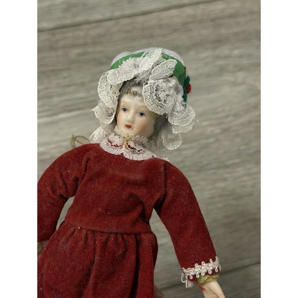 VTG Victorian Style Porcelain Woman Doll Red Velvet Dress/Holly Bonnet Ornament